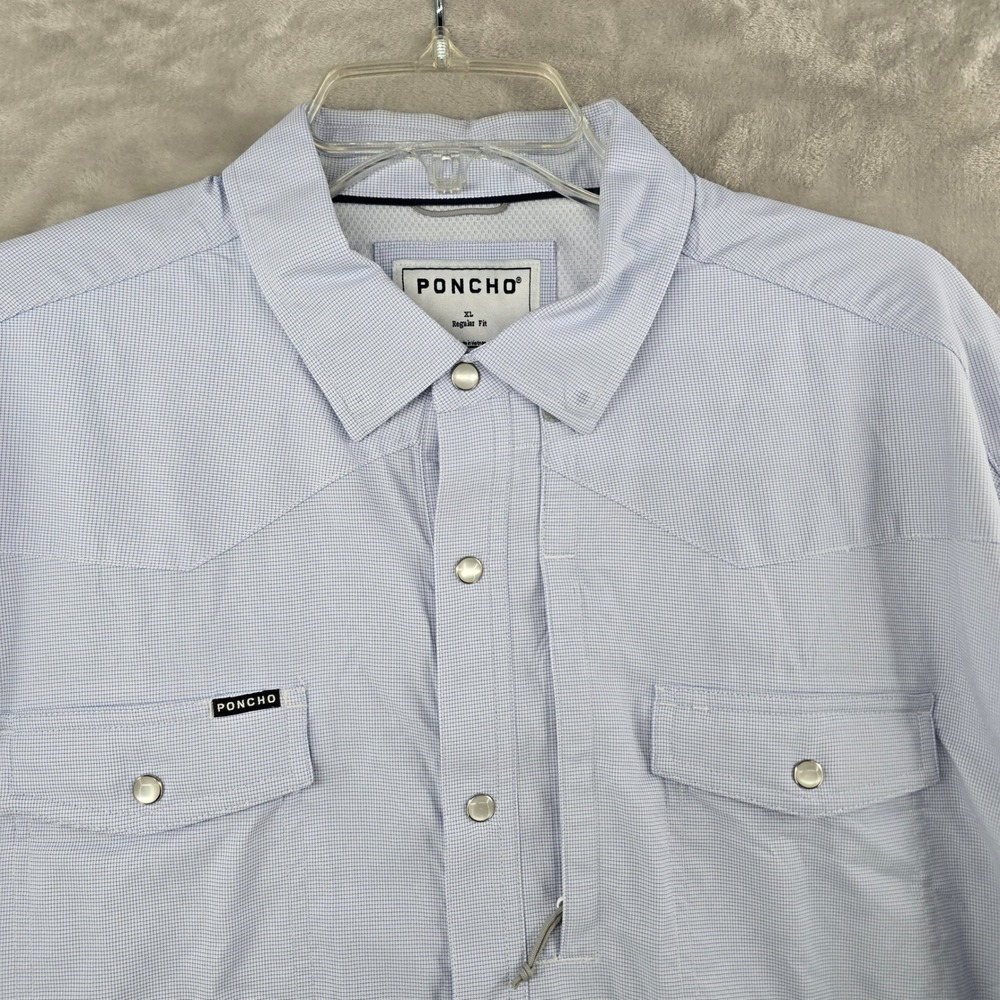 Poncho Western Shirt Mens XL Blue Micro Check Pearl Snap Long Sleeve**
